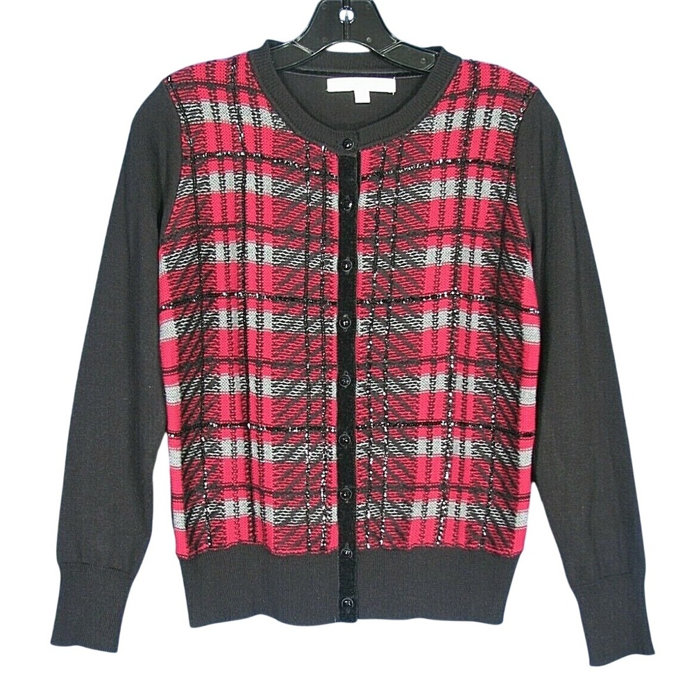 FOXCROFT Red/Black Plaid MID-WEIGHT Sequined BUTTON-UP Sweater/Cardigan S-P